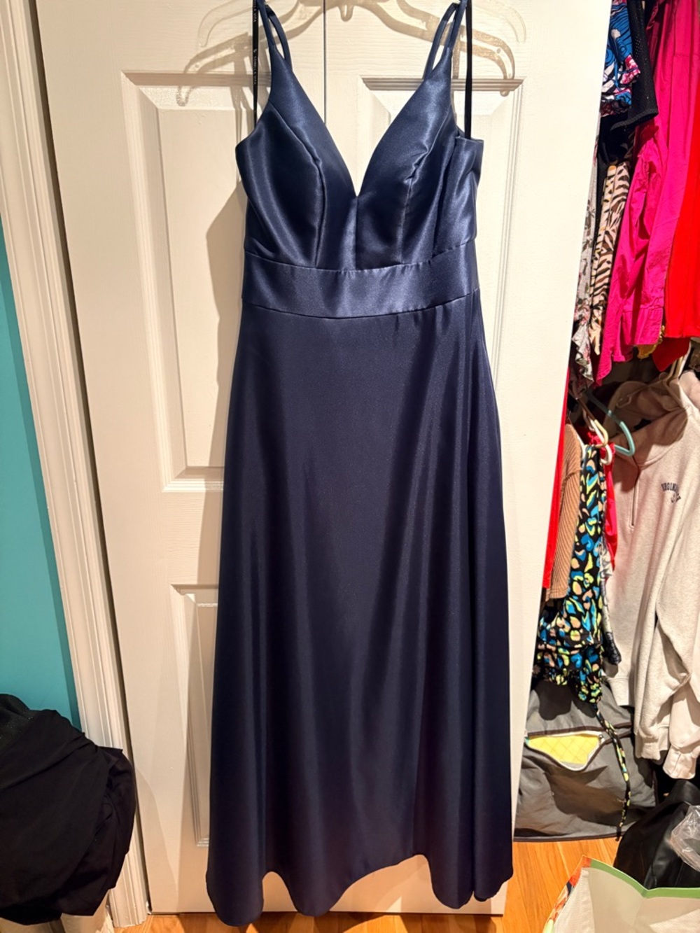 Navy Satin V-Neck Spaghetti Strap Dress-Prom